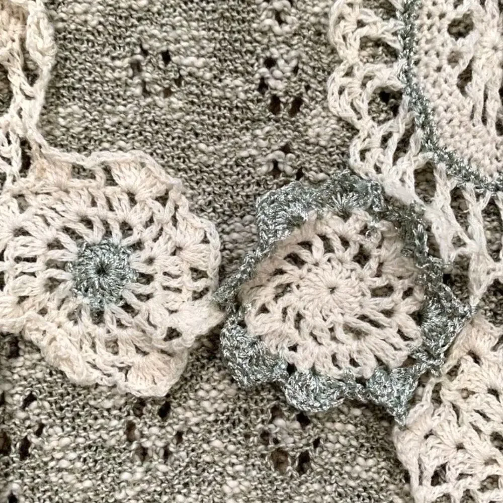 Upcycled Linen Blend Crochet Trim Knit Cardigan Vest Boho‎ Cottagecore Romantic